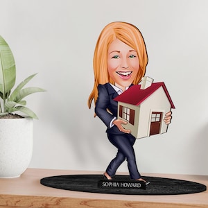 Gepersonaliseerde 3D houten cartoon makelaar beeldje trinket, aangepast cartoonportret, verjaardagscadeau, kerstmis, jubileumcadeau