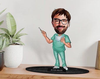 Personalized 3D Wooden Cartooned Surgeon Figurine Trinket, Custom Cartoon Doctor Portrait, Family Gift, Christmas Gift, Gift for Him