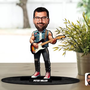 Personalized 3D Wooden Cartooned Guitarist Figurine Trinket, Custom Cartoon Musician Portrait, Birthday Gift, Christmas Gift, Gift for Him