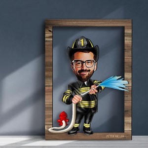 Personalisierte 3D Holz Cartooned Feuerwehrmann Wandkunst, Benutzerdefinierte Cartoon Porträt, Holz Wohnkultur, Geburtstagsgeschenk, Weihnachtsgeschenk, Wanddekoration