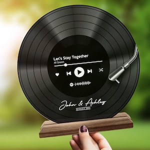 Placa de vinilo con código QR personalizada con soporte de madera, placa de canción personalizada, placa de lista de reproducción, placa de música, regalo de San Valentín