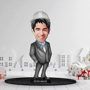 Statuetta personalizzata in legno 3D con ingegnere in stile cartoon, ritratto personalizzato di architetto in stile cartoon, regalo di compleanno, regalo di Natale, regalo per lui