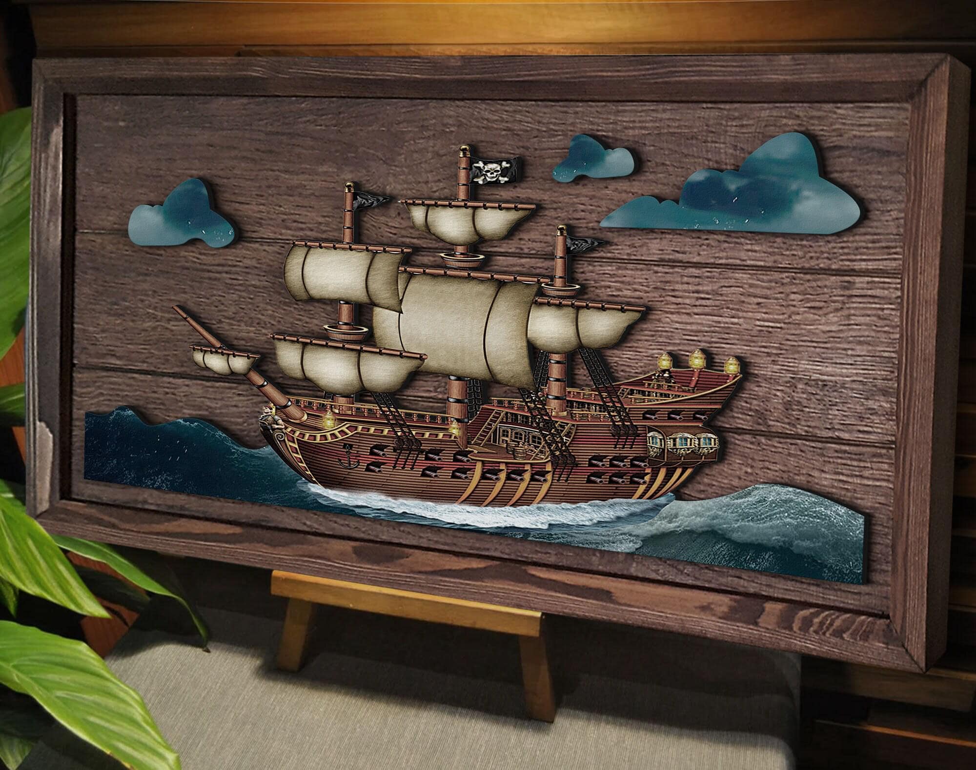 Handmade 3D Oak Tree Pirate Ship / Sailboat Wood Painting, Custom