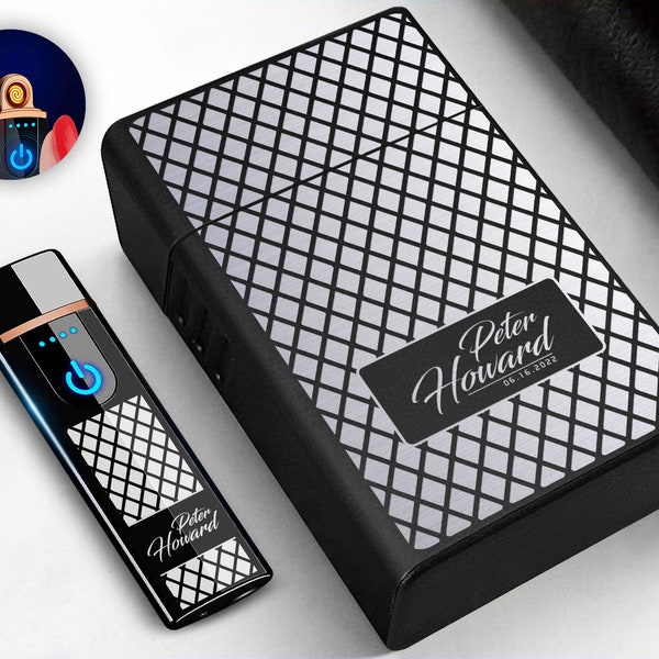 Personalised Laser Engraved Cigarette Box and Electronic Touch Flameless Rechargeable Lighter Gift Set, Metal Cigarette Case, Gift for Him