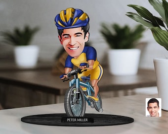 Personalized 3D Wooden Cartooned Bicyclist Figurine Trinket, Custom Cartoon Bike Rider Portrait, Birthday Gift, Christmas Gift, Gift for Him