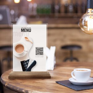 Placa de menu de código QR personalizada, placa de menu de bar de café de madeira natural e acrílico personalizada, placa de código QR para bar de café, mesa de código QR e decoração de mesa