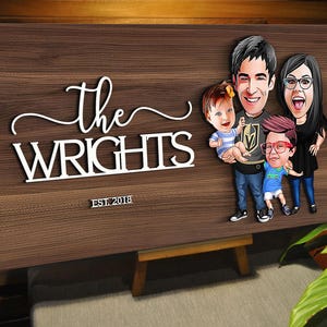 Personalized 3D Wooden Nam Cartoon Family Sign, Custom Caricature Family Portrait, Wood Wall Art, Home Decor, Birthday Gift, Christmas Gift
