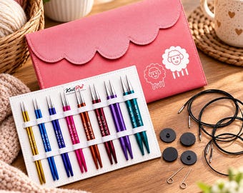 Deluxe Interchangeable Knitting Needle Set, 8 Sizes, Circular Knitting Needles with Cables & Pink Storage Case
