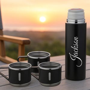 500ML Personalized Stainless Steel Thermos Gift Set – Black Triple Cup Travel Set with Name for Him or Her