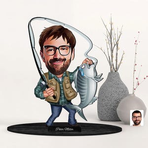 Personalisierte 3D-Holz Cartooned Fischer Figur Schmuckstück, benutzerdefinierte Cartoon Angeln Porträt, Familiengeschenk, Weihnachtsgeschenk, Geschenk für ihn