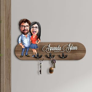 Gepersonaliseerde 3D houten halorganizer met cartoon, houten sleutelhouder, housewarmingcadeau, aangepaste karikatuur, cadeau voor stel, woondecoratie
