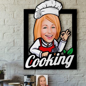 Decoração de parede com impressão de madeira 3D de chef de desenho animado personalizado, pintura de parede com corte personalizado 3D, presente de cozinha de chef, presente de amigo,