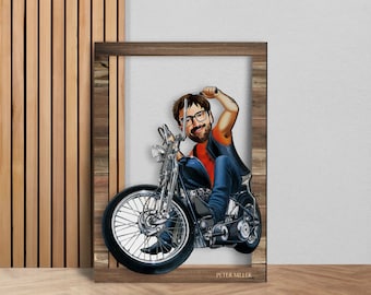 Art mural personnalisé de cavalier de moto caricaturé en bois 3D, portrait de dessin animé personnalisé, décoration de maison en bois, cadeau d’anniversaire, cadeau de Noël