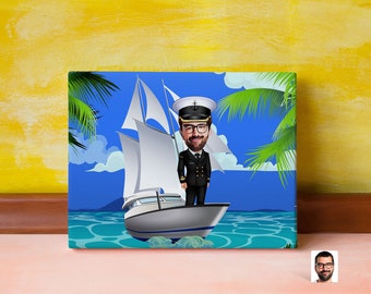 Personalisierte Schiffskapitän-Karikaturzeichnung, Cartoon vom Foto, individuelle Schiffskapitän-Portraitzeichnung, digitale Kunst, Wackelkopf, Geschenk für ihn