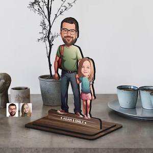 Personalized 3D Wooden Cartoon Dad and Daughter Figurine Trinket, Anniversary Gift, Custom Caricature Portrait, Home Decor, Gift for Dad
