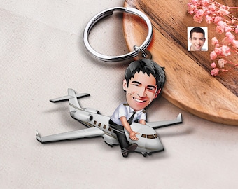 Keychain with Personalized Airplane Pilot Caricature, Gift for Him, Custom Cosbaby Key Chain, Boyfriend Gift, Cartoon Portrait, Bobblehead