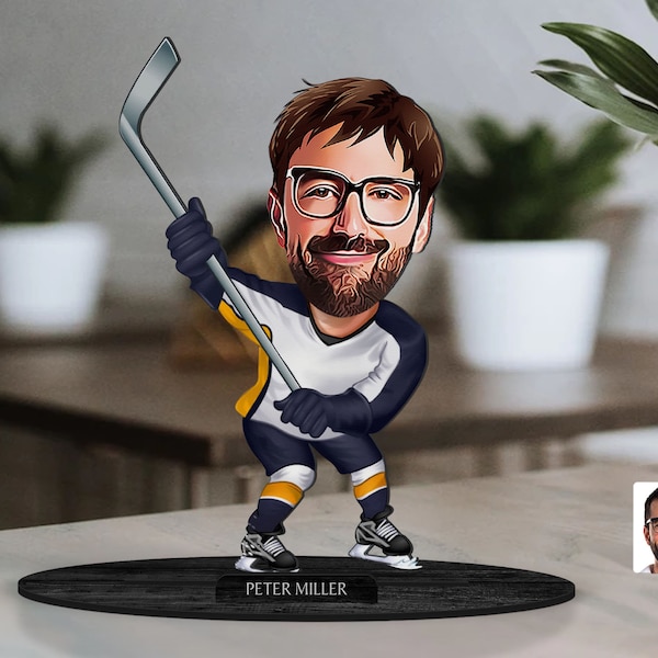 Personalized 3D Wooden Cartooned Hockey Player Figurine Trinket, Custom Cartoon Portrait, Birthday Gift, Christmas Gift, Gift for Him