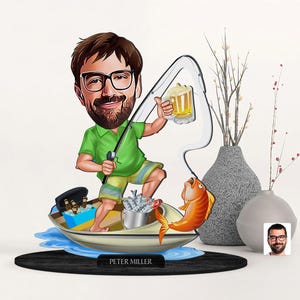 Figurina di pescatore in legno 3D personalizzata, ritratto di pescatore in cartone animato personalizzato, regalo di compleanno, regalo di Natale, regalo per lui