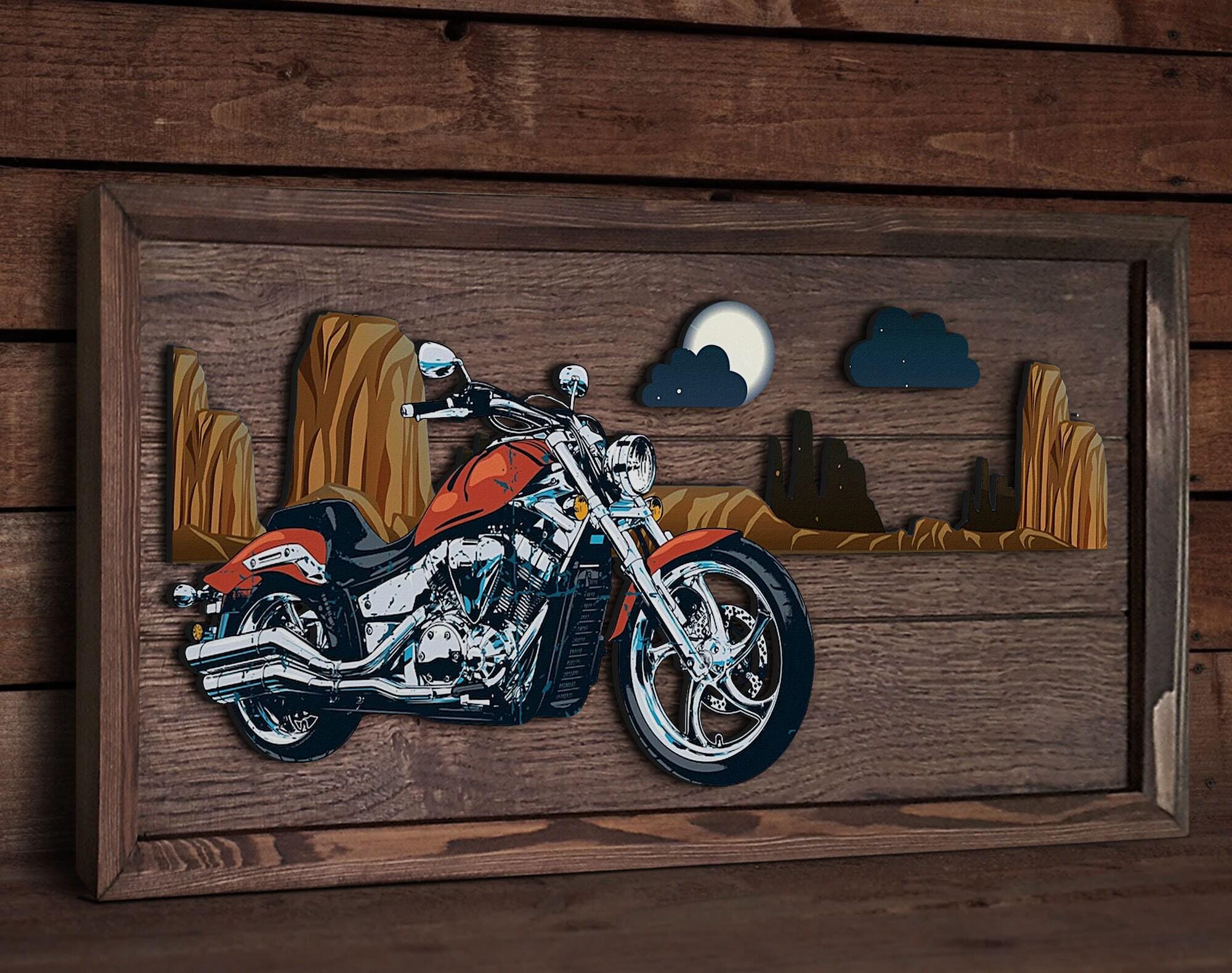 Handmade 3D Oak Tree Motorcycle Wood Painting, Custom Wood