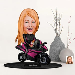 Gepersonaliseerde 3D houten cartoon racer meisje beeldje trinket, aangepaste cartoon motorfiets portret, familiecadeau, kerstcadeau, cadeau voor haar