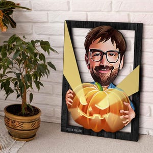 Aanpasbare 3D-houten cartoon Halloween-man met pompoen schilderij, aangepast cartoonportret, cadeau voor Halloween, cadeau voor hem