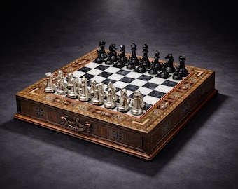 Large Black & Silver Metal Chess Set with Drawer – Handmade Wooden Chess Board, Walnut Mosaic Inlay, Luxury Roman Chess Pieces