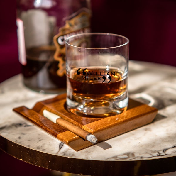 Verre à whisky personnalisé, porte-cigare et sous-verre à whisky - Fait à la main en bois Afromosia - Cadeau parfait pour les amateurs de cigares et de whisky