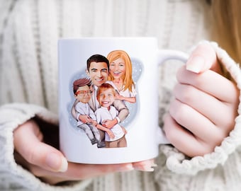 Personalized Coffee Mug with Caricature Family Portrait Drawing, Custom Cartoon Coffee Mug, Family Gift, Colored Mug, Tea Cup, Gift for Her