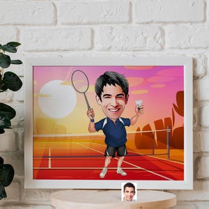 Personalized Badminton Caricature Drawing, Cartoon from Photo, Custom Squash Portrait Drawing, Digital Art, Bobblehead, Gift for Him