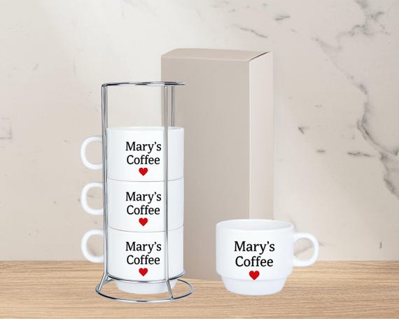 Stilvolles Set aus 4 Tassen und Metallständer - Weiße Keramik, 190 ml Fassungsvermögen - Perfekt für Geschenke und Dekoration, personalisiertes Tassenset