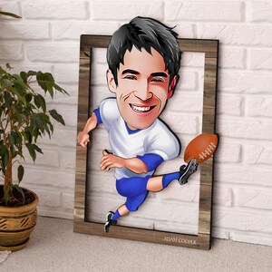 Spersonalizowana 3D drewniana kreskówka futbol amerykański sztuka ścienna, prezent świąteczny, spersonalizowany portret futbolowy, prezent urodzinowy, prezent dla niego