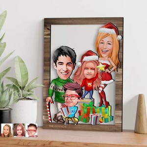 Aanpasbare 3D houten cartoon kerstfamilie schilderij, aangepast cartoonportret, cadeau voor kerst, vrolijk kerstfeest, cadeau voor familie
