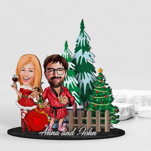 Figurina di coppia in legno a 3 strati con cartoni animati 3D personalizzati, ritratto di Natale personalizzato con cartoni animati, arte in legno, regalo di Natale, regalo di San Valentino