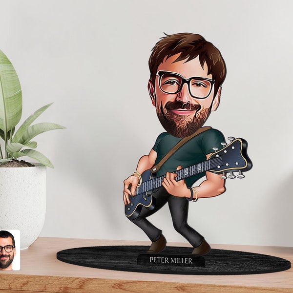 Personalizado 3D Wooden Cartooned Guitarist Figurine Trinket, Custom Cartoon Musician Portrait, Regalo de cumpleaños, Regalo de Navidad, Regalo para él