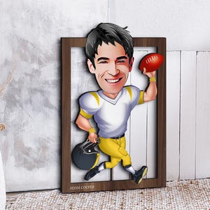 Arte murale personalizzata in 3D con cartone animato di football americano in legno, regalo di Natale, ritratto di cartone animato di football personalizzato, regalo di compleanno, regalo per lui