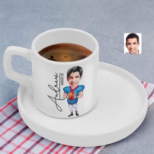 Personalized Espresso Cup with American Football Cartoon Drawing, Christmas Gift, Custom Caricature Turkish Coffee Cup, Coffee Lovers Gift