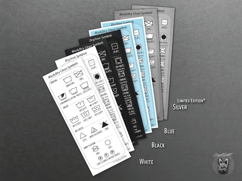 Puede incluir: Un conjunto de cinco tarjetas con s&iacute;mbolos de cuidado de la ropa impresos en ellas. Las tarjetas son de diferentes colores: blanco, negro, azul, plateado y gris. Las tarjetas est&aacute;n etiquetadas con los colores en la parte inferior. El texto "LIMITED EDITION*" est&aacute; impreso en la tarjeta plateada.