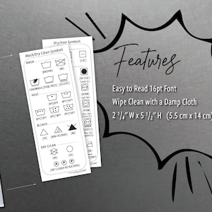 Puede incluir: Dos tarjetas blancas con s&iacute;mbolos de lavado y texto negros. Las tarjetas est&aacute;n etiquetadas como "Wash/Dry Clean Symbols" y "Dry/Iron Symbols". Las tarjetas miden 5,7 cm de ancho por 14 cm de alto.