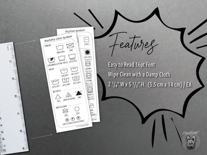 Puede incluir: Dos tarjetas blancas con s&iacute;mbolos de lavado y texto negros. Las tarjetas est&aacute;n etiquetadas como "Wash/Dry Clean Symbols" y "Dry/Iron Symbols". Las tarjetas miden 5,7 cm de ancho por 14 cm de alto.