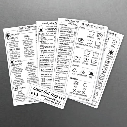Tableau aimanté avec symboles de lessive, instructions d'entretien, guide d'élimination des taches pour la buanderie