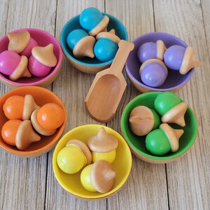 May include: Six wooden bowls filled with colourful acorn-shaped wooden toys. The bowls are arranged in a circle on a wooden surface. A wooden scoop is in the centre of the circle.