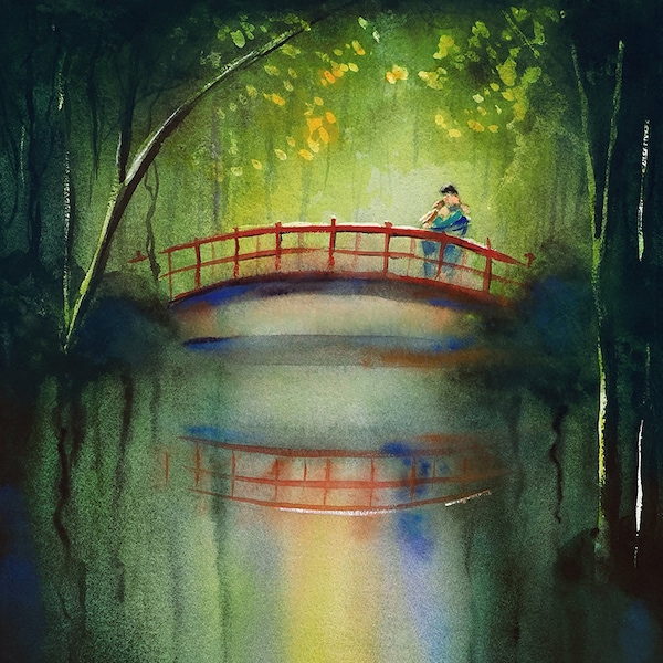 Watercolor of Asian Bridge at Sarah Duke Gardens, North Carolina, Durham, Anniversary gift for him, Mothers Day Gift, Gifts for her