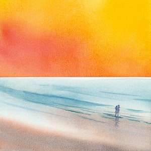 Romantic Couple at the Beach Painting, Original Watercolor by Joe Godfrey, Premium Giclee Print, Valentines Day Gift