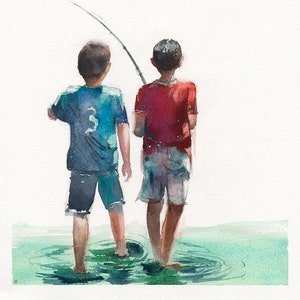 Boys Fishing at Bond Park, North Carolina, Watercolor figures,Watercolor Print, friendship, kids room decor,Mom gifts, Kids painting