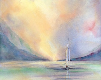 Sailboat Giclee Print: Coastal Seascape Watercolor Art