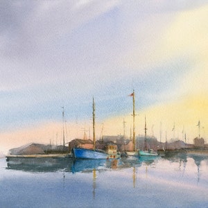 Boote im Hafen, Original Aquarell, Premium Kunstdruck. Geschenke für ihn, Aquarell Boote, Vatertag, Segelboot Malerei