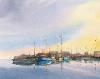 Boote im Hafen, Original-Aquarell, Premium-Kunstdrucke. Geschenke für ihn, Aquarellboote, Vatertag, Segelbootmalerei