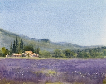 Peinture aquarelle Champs de lavande Provence, Impression d'art paysage provençal, Été en France, Aquarelle française, Peinture Provence, Printemps