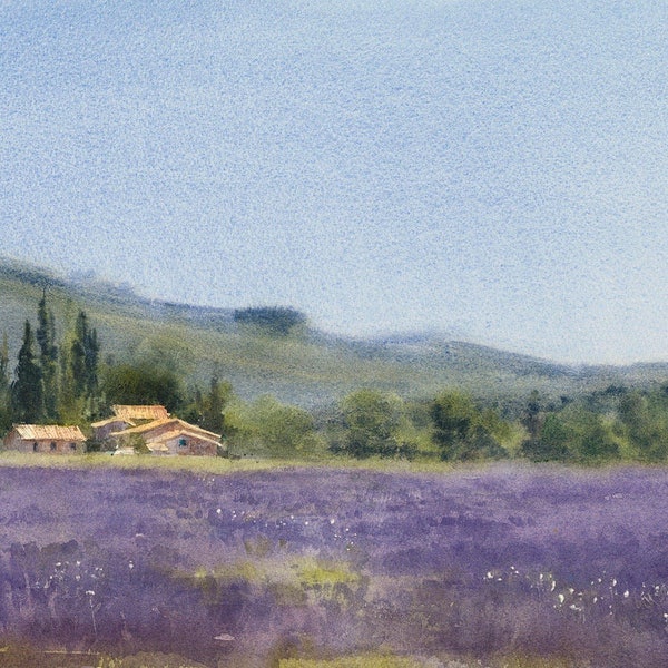 Watercolor Painting Lavender fields Provence, Provence Landscape Art Print, Summer in France, French watercolor, Provence Painting, Spring