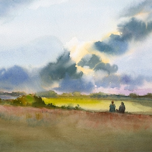 Cloud watching with my BFF, Original watercolor, Watercolor Print, landscape painting, best friend gift, nature, Gifts for Mom